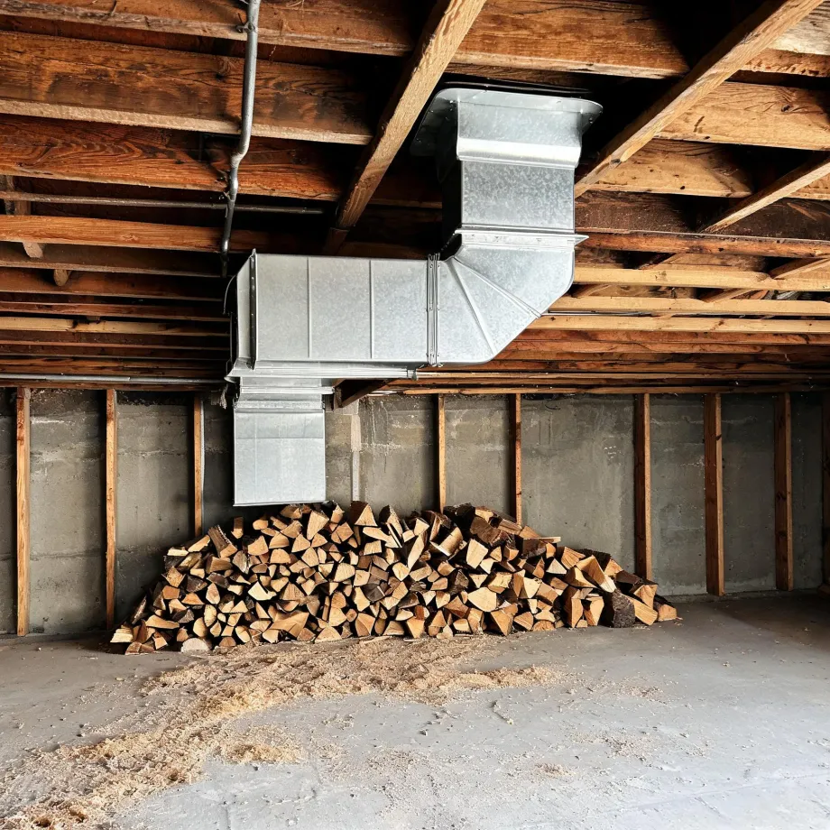 Unfinished basement with exposed wood floor joists, galvanized sheet-metal ductwork below the ceiling, concrete block walls with wood studs, and a pile of split firewood on a concrete floor.