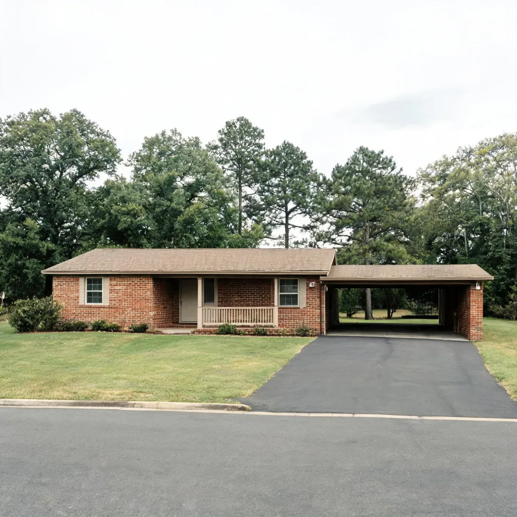 A single-story brick ranch house with a shingled roof, small covered front porch, and attached open carport, fronted by a lawn and asphalt driveway meeting a street, with mature trees behind under an overcast sky.