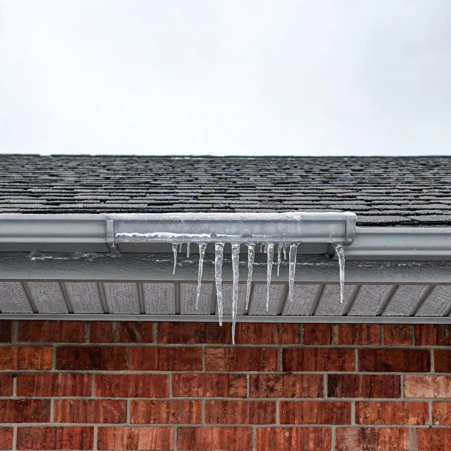 Icicles hanging from a white gutter along the edge of an asphalt-shingle roof above a brick wall, under an overcast sky.