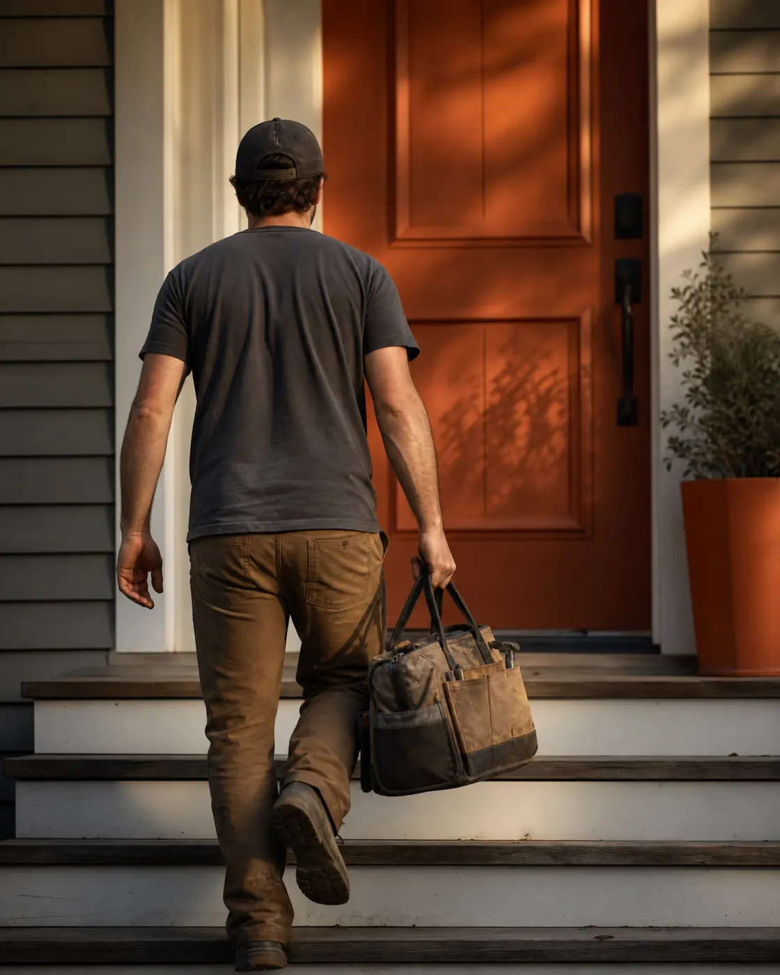 A man in a cap, gray t-shirt and brown work pants climbs porch steps toward an orange front door, carrying a canvas and leather tool bag.