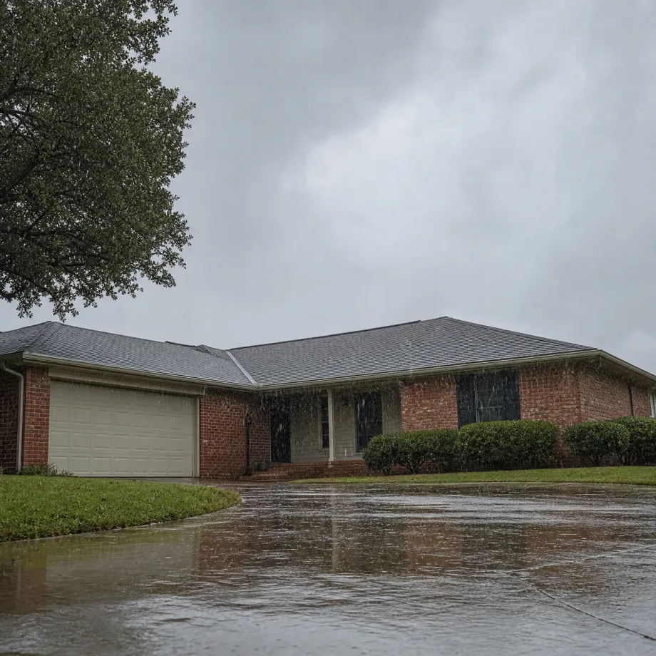 Single-story brick house with a gray shingle roof, attached two-car garage with a beige door, and trimmed shrubs, seen during rain with a wet driveway in the foreground and overcast sky.