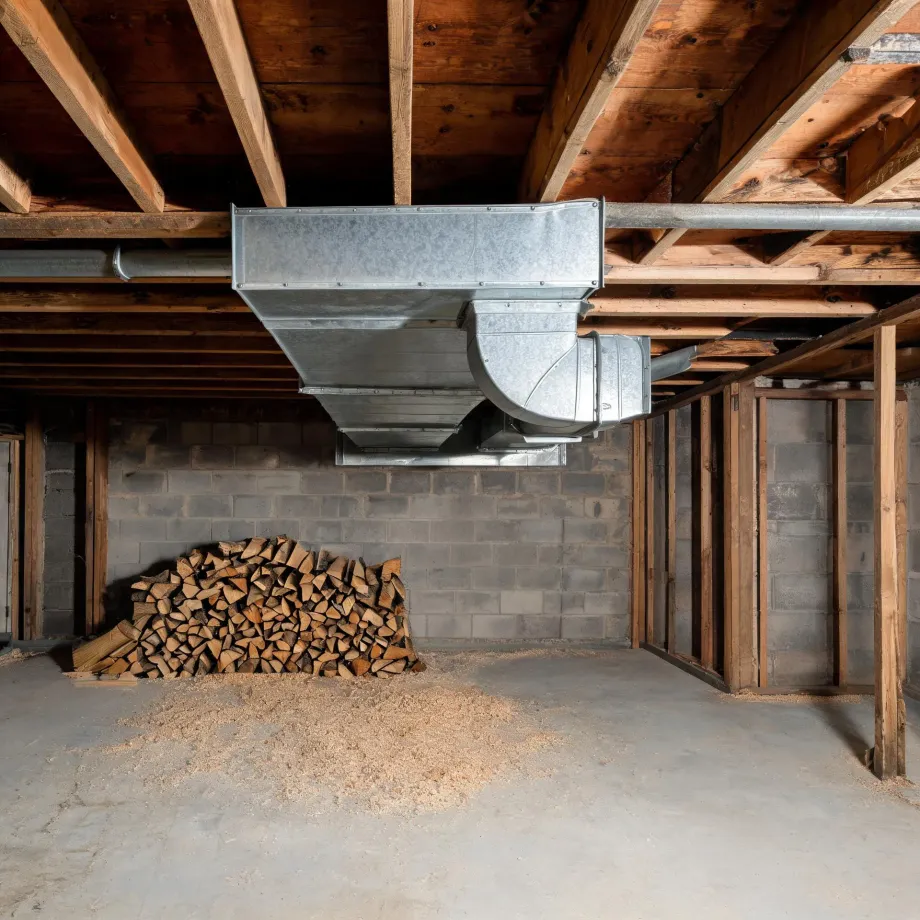 Unfinished basement with exposed wood floor joists, galvanized sheet-metal ductwork and round pipe, concrete block walls, a stacked pile of split firewood, and sawdust on the concrete floor.