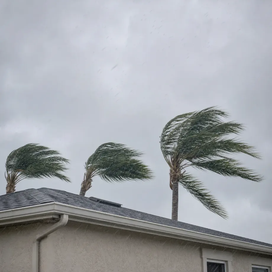 Three palm trees bending in strong wind behind the shingled roof and stucco wall of a single-story house under a grey, overcast sky with visible rain streaks.