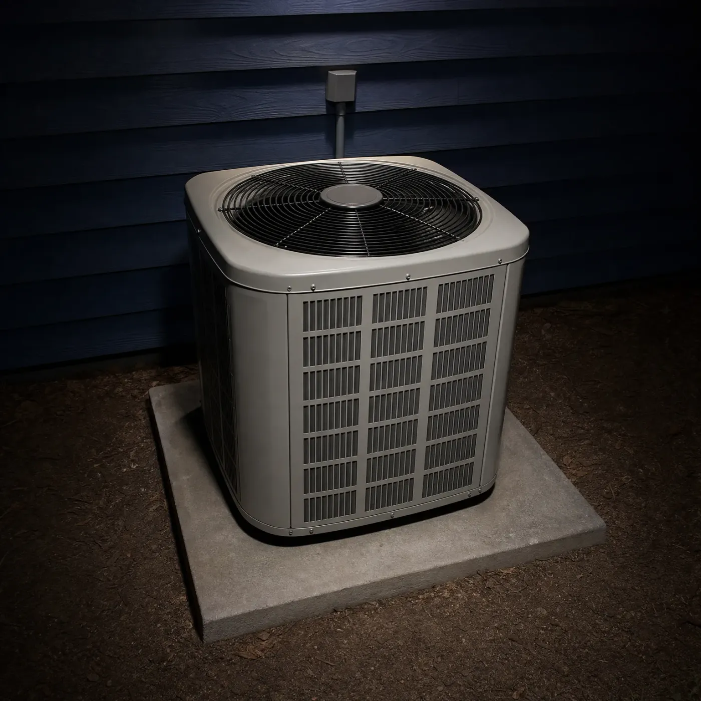 A gray outdoor condenser unit with a top-mounted fan grille sits on a concrete pad beside a dark blue horizontal lap-sided wall, with a refrigerant line and small disconnect box on the wall above.