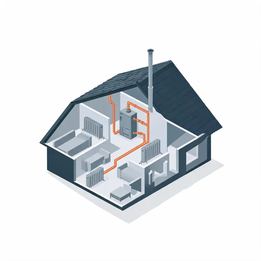 Isometric cutaway illustration of a house showing a central boiler with a flue through the roof and orange pipes connecting to radiators in several furnished rooms.
