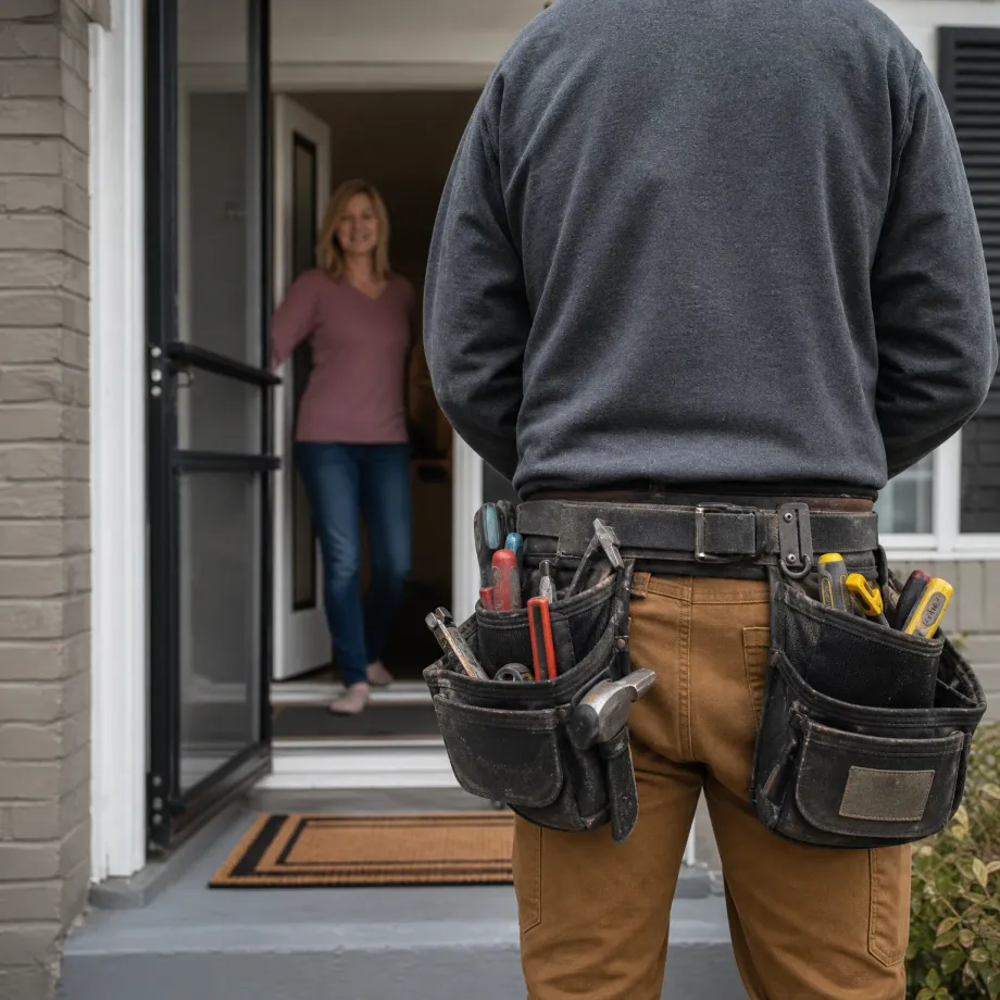 A person in a gray sweatshirt, tan work pants and a loaded tool belt stands with their back to the camera at a house entrance, where a woman in a mauve top and jeans stands smiling in the open doorway.