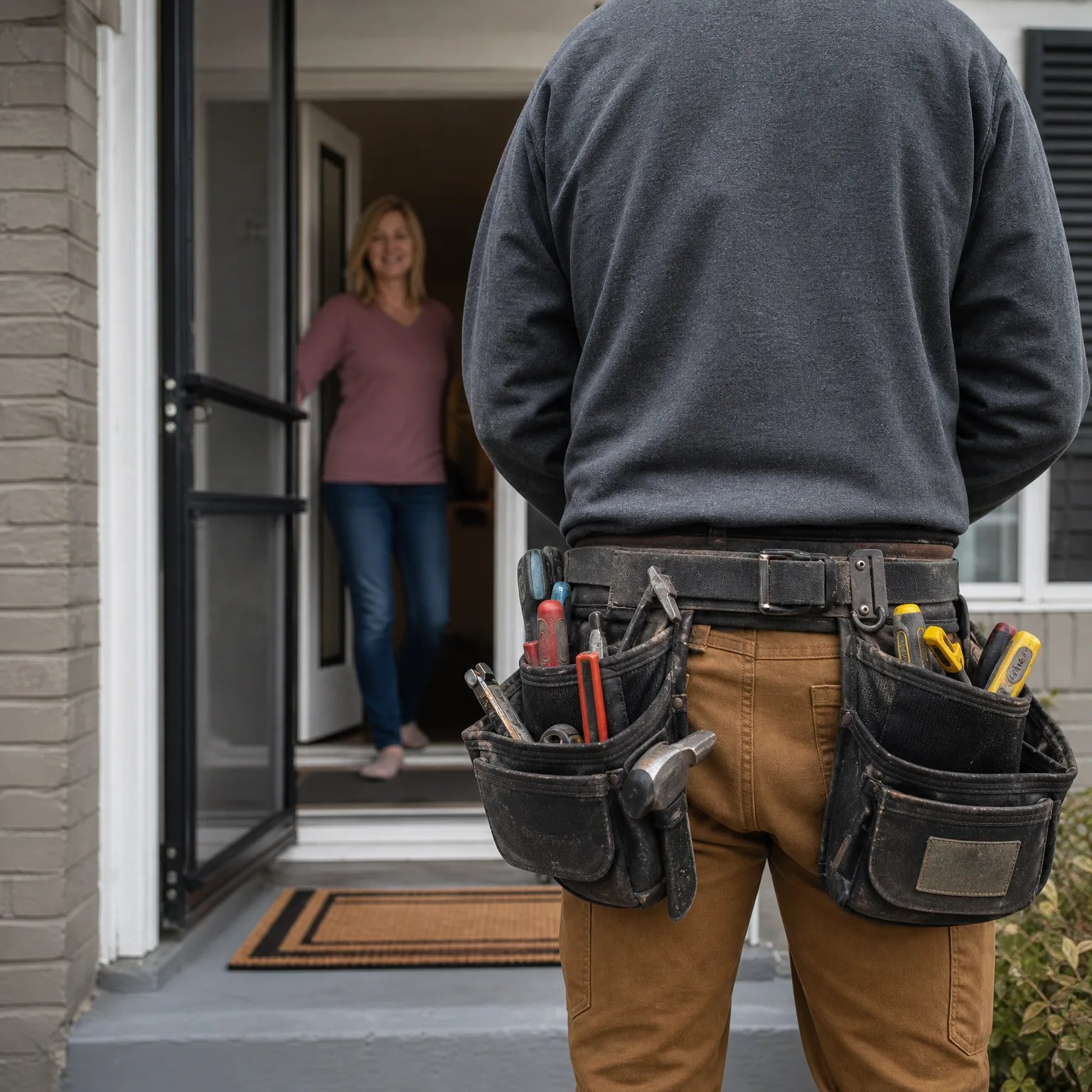 A person in a gray sweatshirt, tan work pants and a loaded tool belt stands with their back to the camera at a house entrance, where a woman in a mauve top and jeans stands smiling in the open doorway.