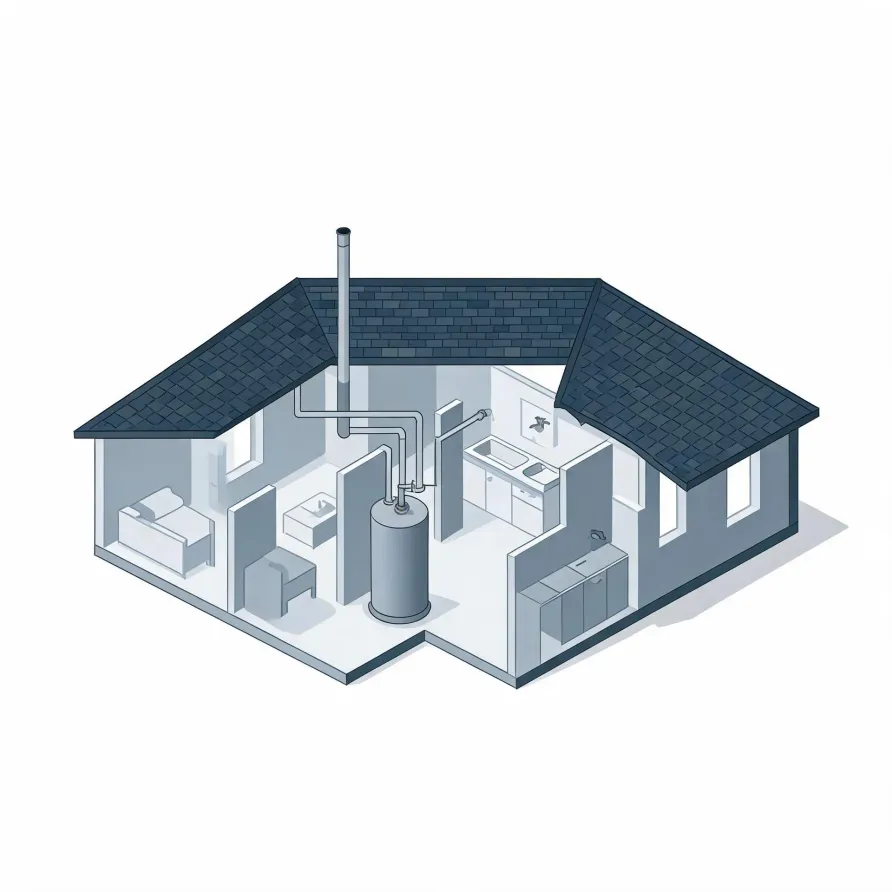 Isometric cutaway illustration of a single-story house with a dark shingled roof, showing interior rooms with furniture, a kitchen, a bathroom, and a central cylindrical water heater connected to pipes and a flue running through the roof.