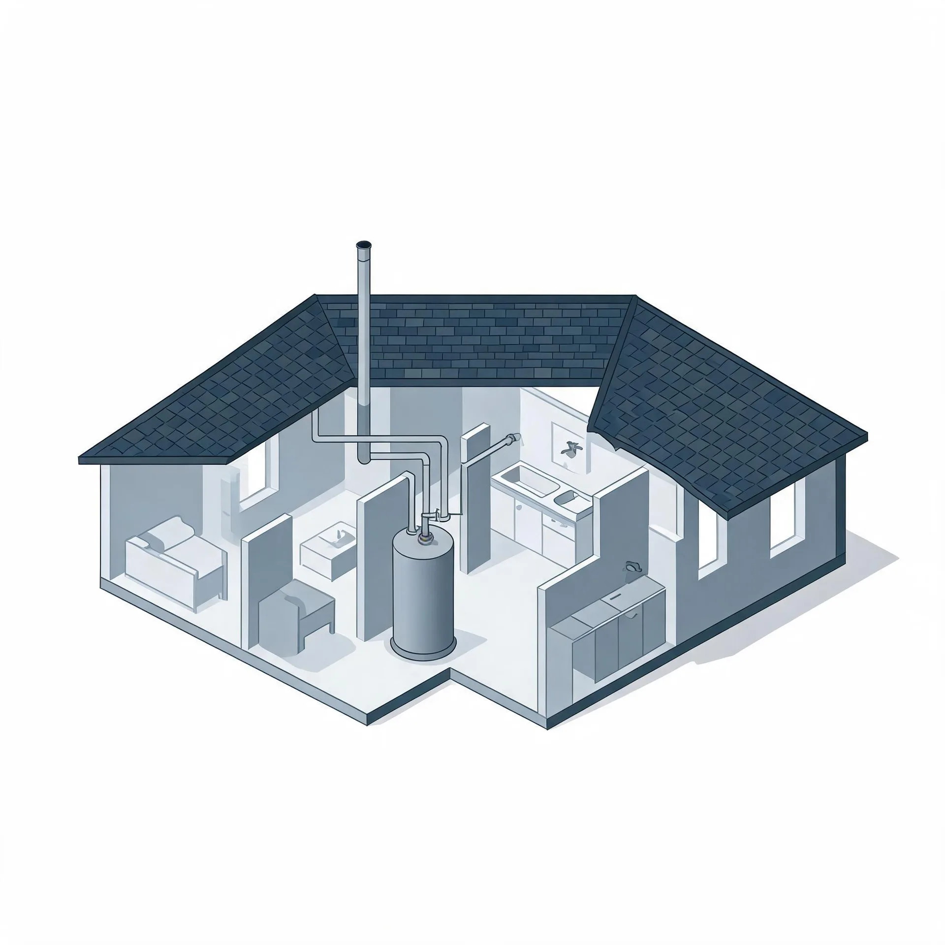 Isometric cutaway illustration of a single-story house with a dark shingled roof, showing interior rooms with furniture, a kitchen, a bathroom, and a central cylindrical water heater connected to pipes and a flue running through the roof.