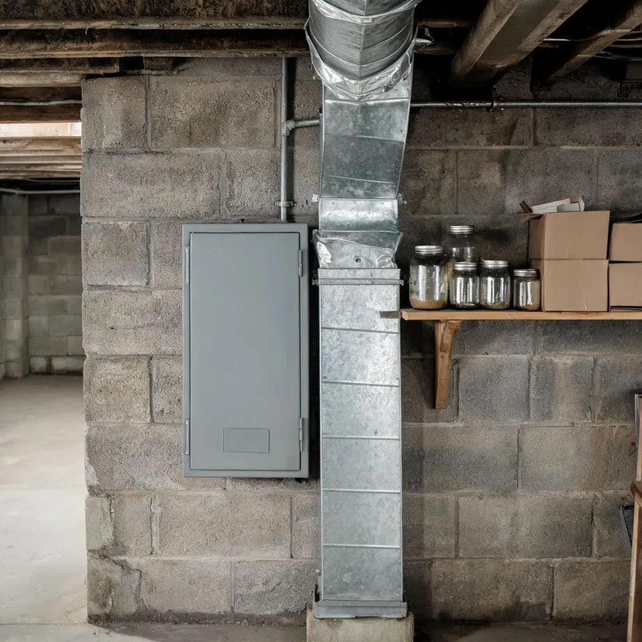 Basement interior with concrete block walls, a gray electrical panel box, galvanized sheet metal ductwork running from ceiling to floor, and a wooden shelf holding glass jars and cardboard boxes.