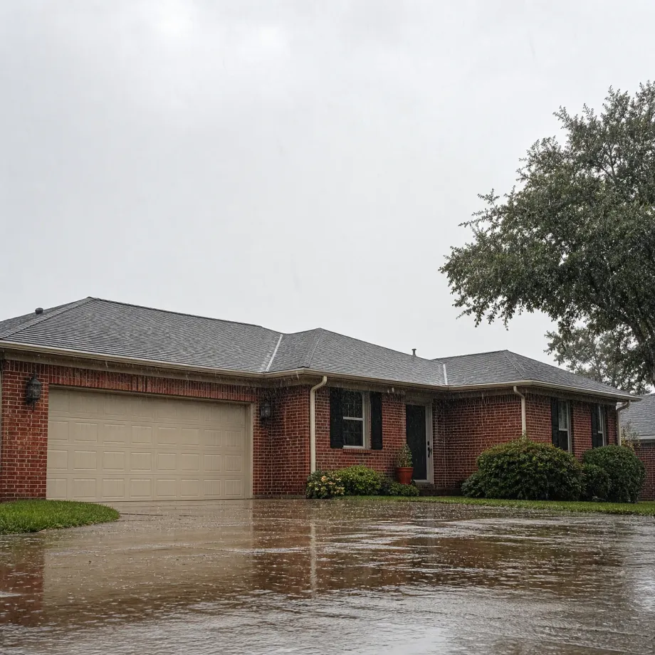 A single-story red brick house with a beige two-car garage door and dark shutters under an overcast sky, with rain falling and standing water pooling on the driveway.