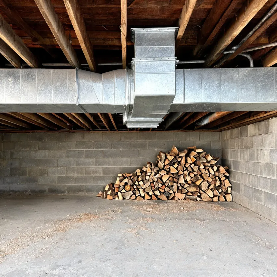 Basement or crawl space with concrete block walls and bare concrete floor, galvanized sheet metal ductwork running below wooden floor joists, and a pile of split firewood stacked in the corner.