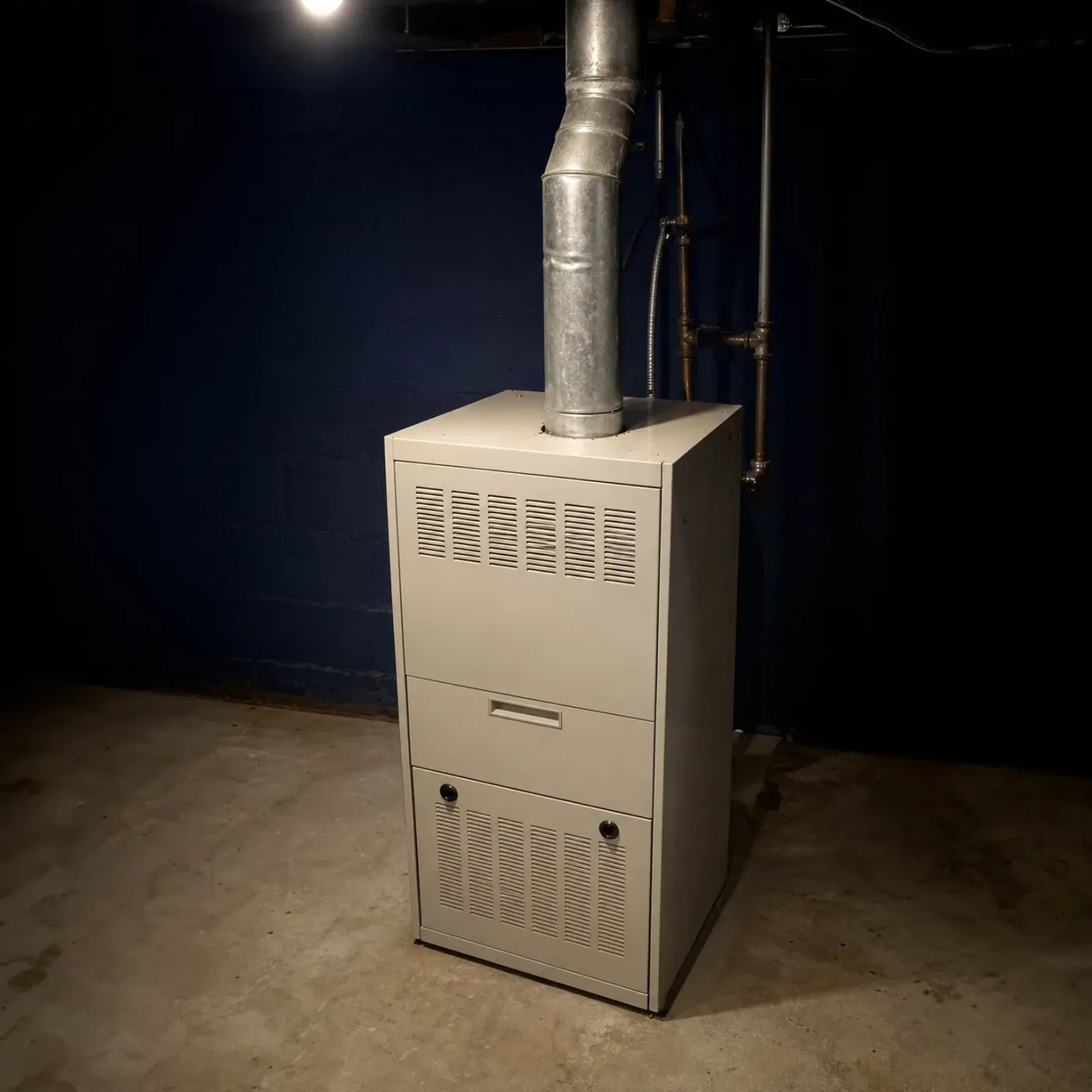 A beige residential furnace with louvered panels stands on a concrete basement floor against a dark blue painted block wall, with a galvanized metal flue pipe rising from its top and copper and steel pipes along the wall.