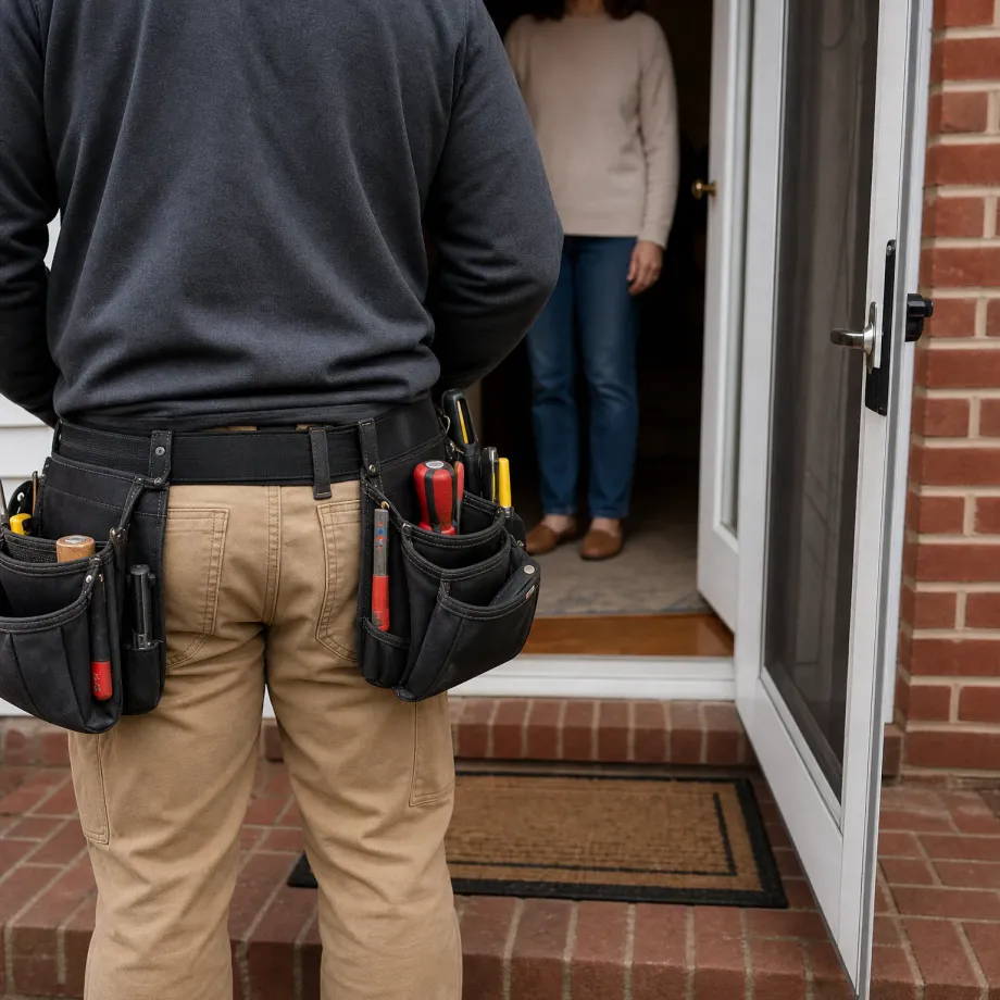 A person in a gray sweatshirt and tan work pants wearing a tool belt with screwdrivers stands with their back to the camera at an open doorway, where another person in a cream sweater and jeans stands inside on a brick step with a doormat.