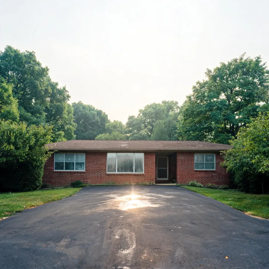 A single-story red brick ranch house with a low-pitched roof, large picture window and centered front door, fronted by a wide asphalt driveway and flanked by green deciduous trees and shrubs under a bright overcast sky.