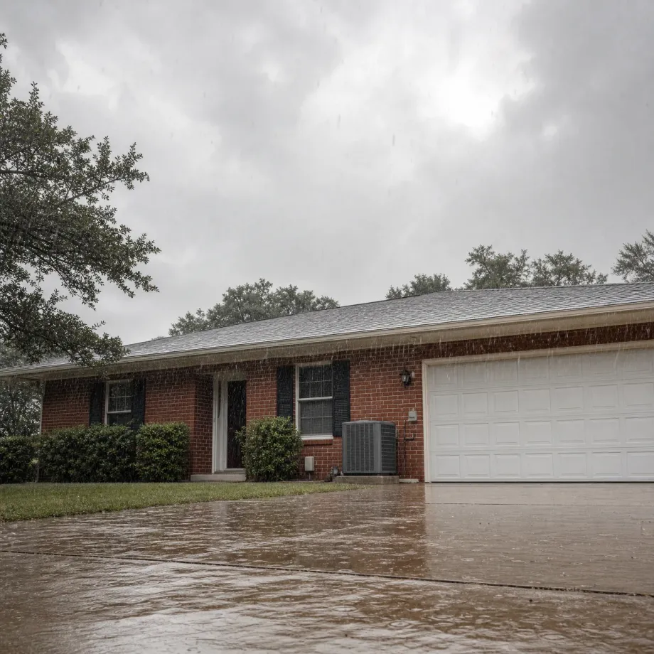 Single-story red brick house with dark shutters, a white two-car garage door, and an outdoor air conditioning unit, seen during rainfall with a wet concrete driveway in the foreground under an overcast sky.