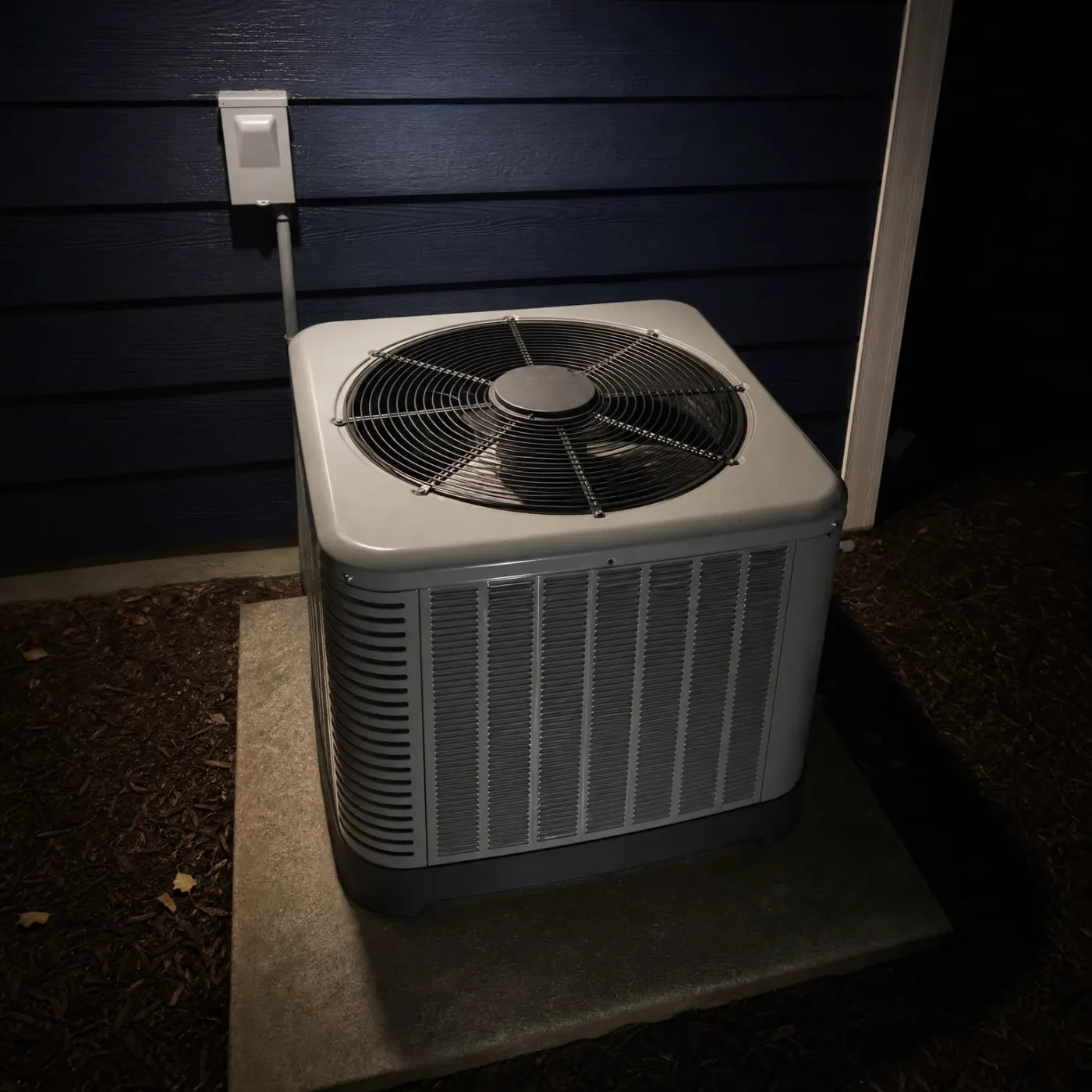 An outdoor air conditioning condenser unit with a top-mounted fan grille sits on a concrete pad beside a dark blue lap-sided wall with a small electrical disconnect box and conduit above it, surrounded by mulch at night.