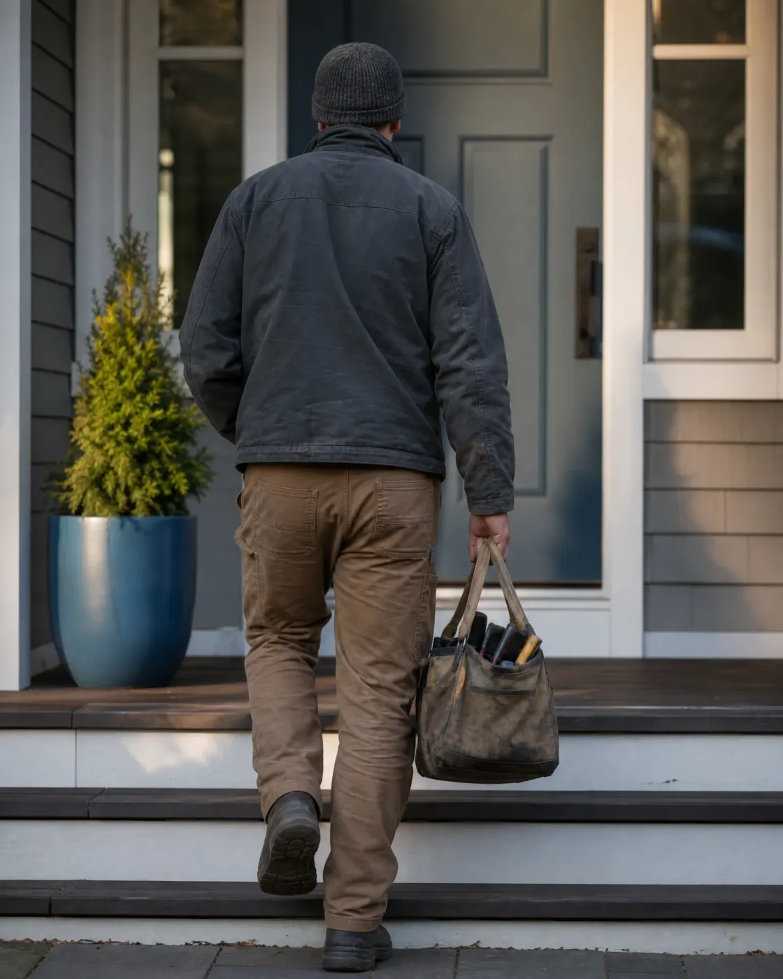 A man in a dark jacket, knit hat and tan work pants climbs porch steps toward a gray front door, carrying a worn canvas tool bag, with a potted shrub in a blue planter at left.