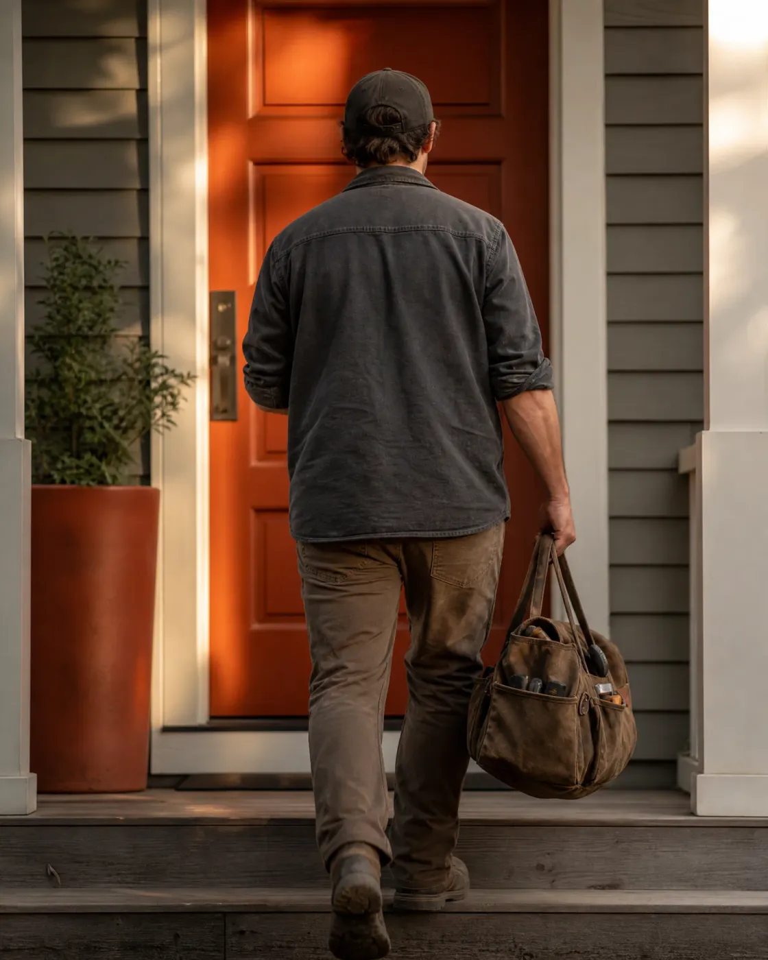 A man in a dark cap, dark shirt and brown pants, seen from behind, walks up porch steps toward an orange front door while carrying a brown canvas tool bag.