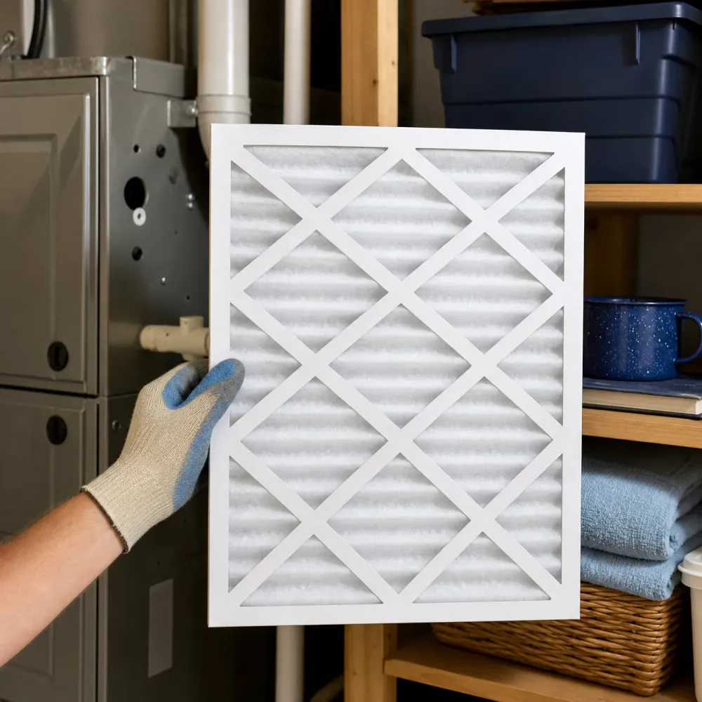 A gloved hand holds a pleated white air filter in front of a furnace, beside wooden shelves holding a storage bin, mug, folded towels and a basket.