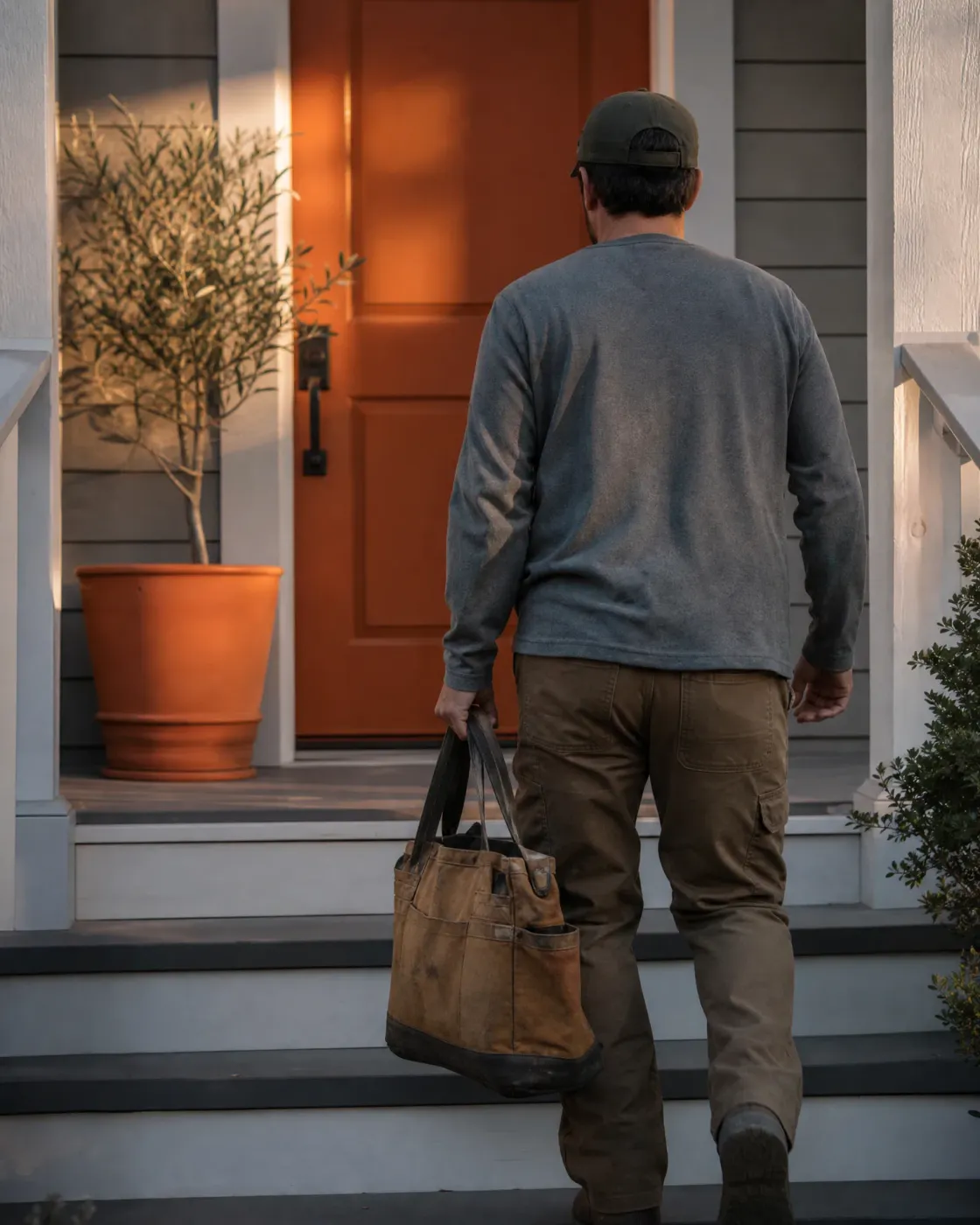 A man in a cap, gray long-sleeve shirt and brown pants carries a worn canvas tote bag up porch steps toward an orange front door beside a potted olive tree.