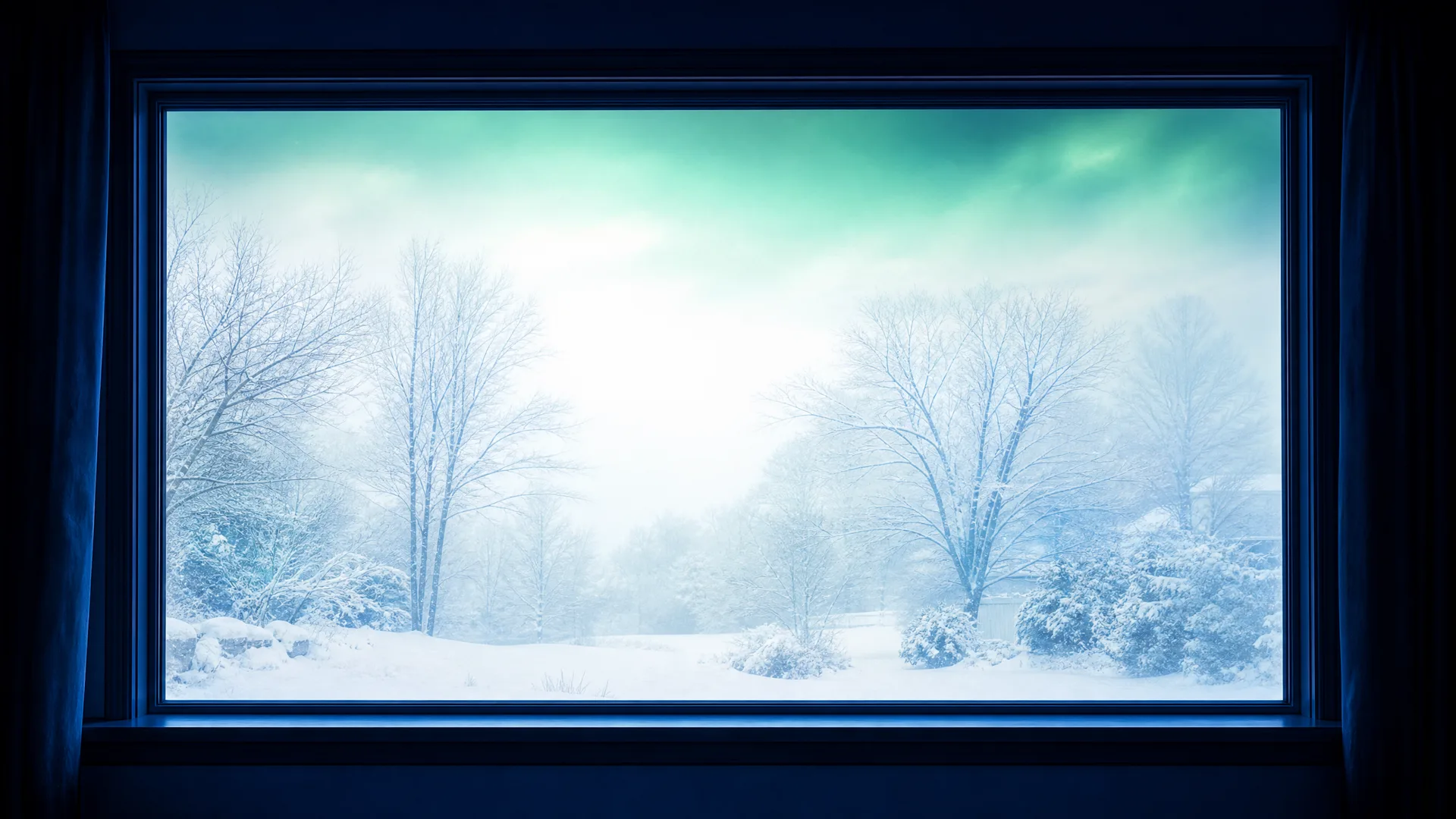 View through a large window from a dark interior onto a bright snow-covered landscape with bare trees, shrubs and a teal-tinted cloudy sky.