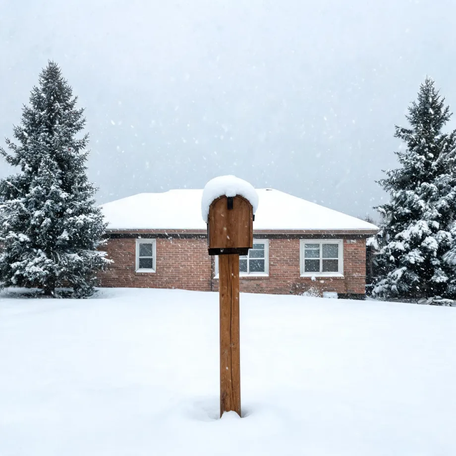 A wooden post mailbox capped with snow stands in a snow-covered yard in front of a single-story brick house with white-trimmed windows, flanked by snow-laden evergreen trees during falling snow.