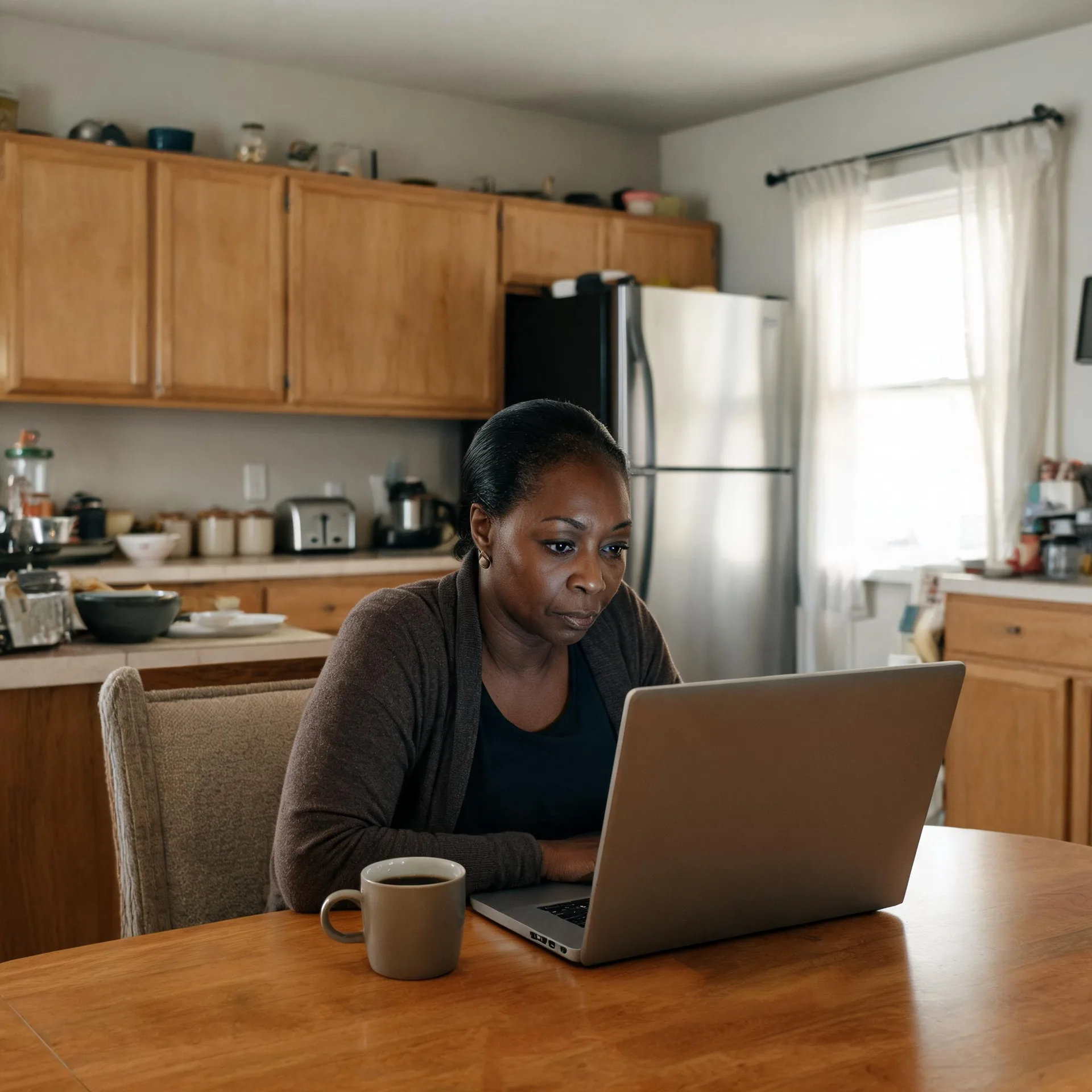 A woman in a brown cardigan sits at a wooden table using a laptop, with a mug of coffee beside her and a kitchen with wood cabinets and a stainless steel refrigerator behind.