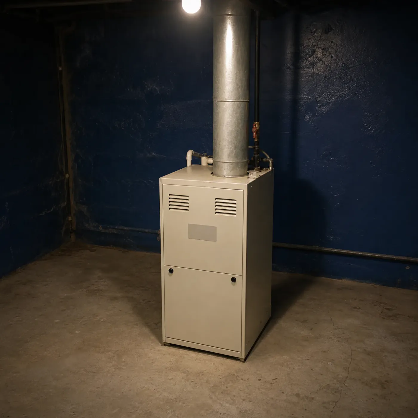 A beige furnace with a galvanized metal flue pipe stands on a concrete floor in a basement with dark blue painted walls, lit by a bare ceiling bulb.