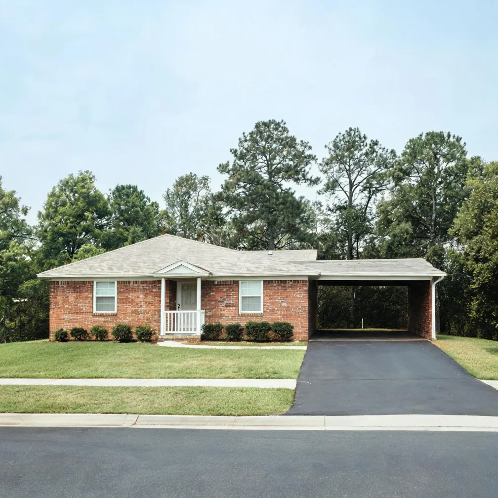Single-story red brick house with a gray shingle roof, small covered front porch, and attached carport with a paved driveway, set on a mown lawn with tall trees behind and a street in the foreground.