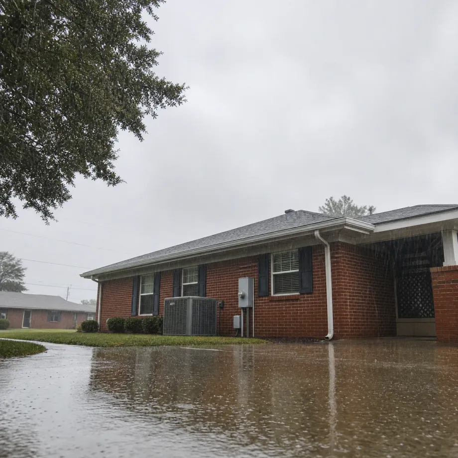 A single-story red brick house with dark shutters, a shingled roof and an exterior air conditioning unit, seen during rain with standing water covering the paved driveway in the foreground and a large tree branch overhead at left.