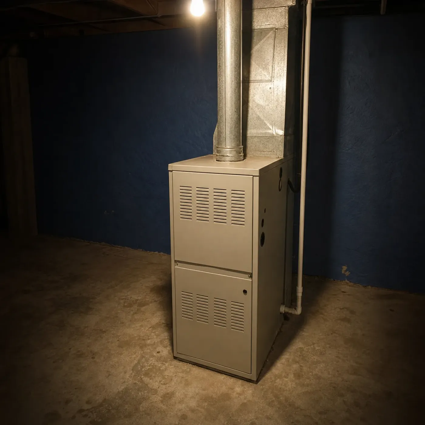 A beige furnace with louvered panels stands on a concrete basement floor against a blue painted wall, with a galvanized metal flue pipe and ductwork above and a white pipe running down the wall.