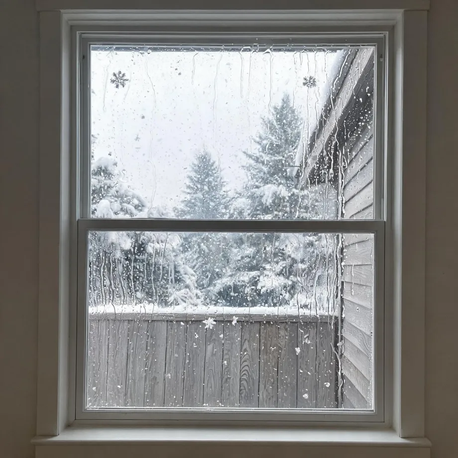 View through a condensation- and droplet-covered double-hung window with white trim, looking out at snow-covered evergreen trees, a wooden fence, and the horizontal siding of an adjacent building.