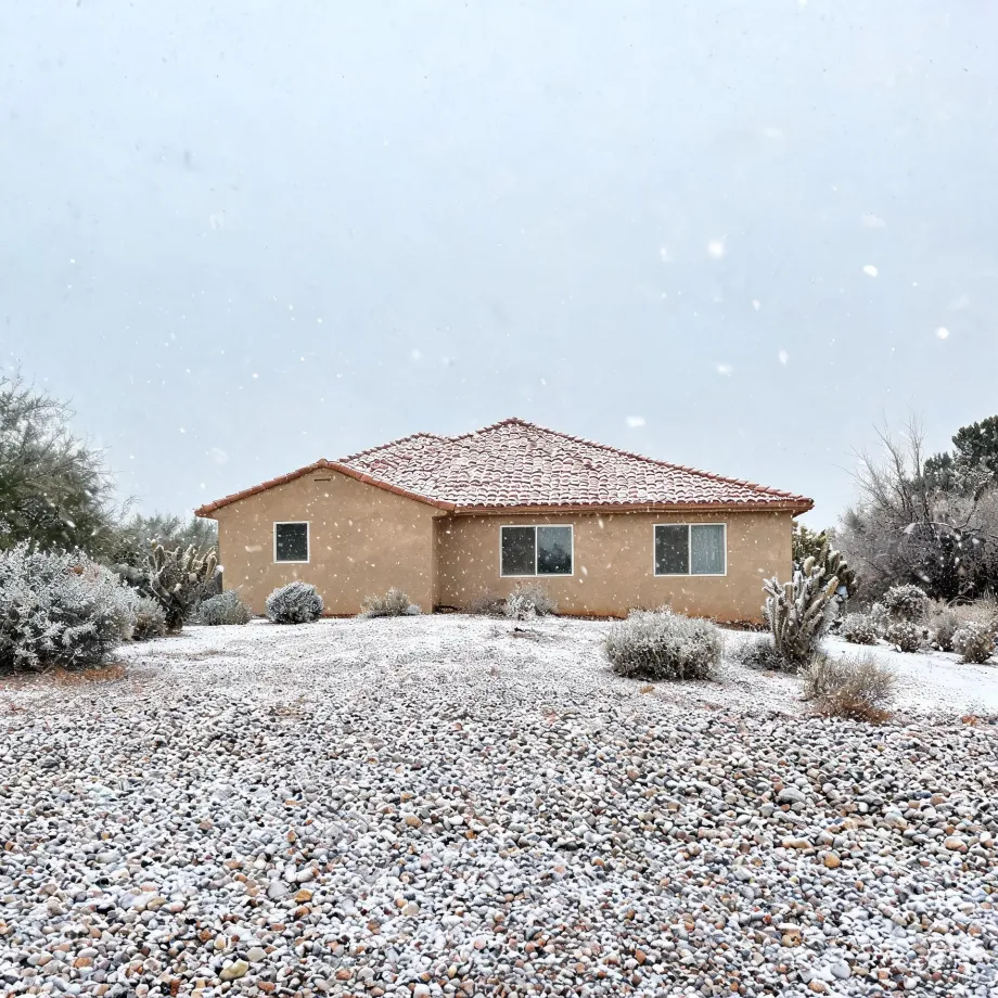 A single-story tan stucco house with a red tile roof during falling snow, surrounded by light snow-dusted gravel, shrubs, and cholla cactus.