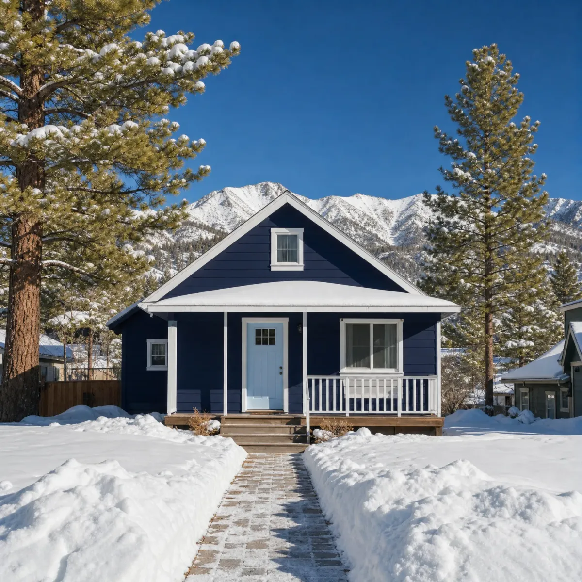 A small navy-blue house with white trim, a covered porch and light blue front door, with a cleared paved walkway through deep snow, pine trees on either side and snow-covered mountains under a clear blue sky.