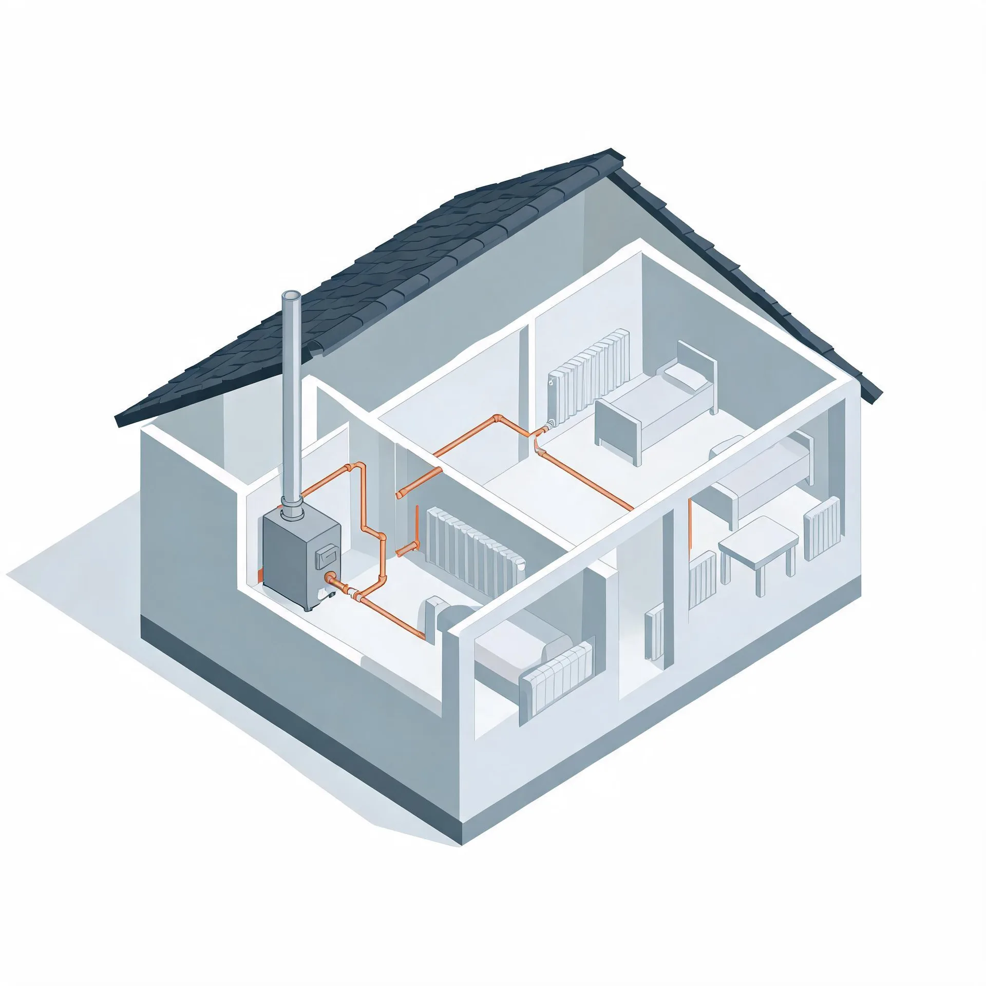 Isometric cutaway illustration of a single-story house showing a boiler with a flue pipe connected by orange pipes to radiators in several furnished rooms.