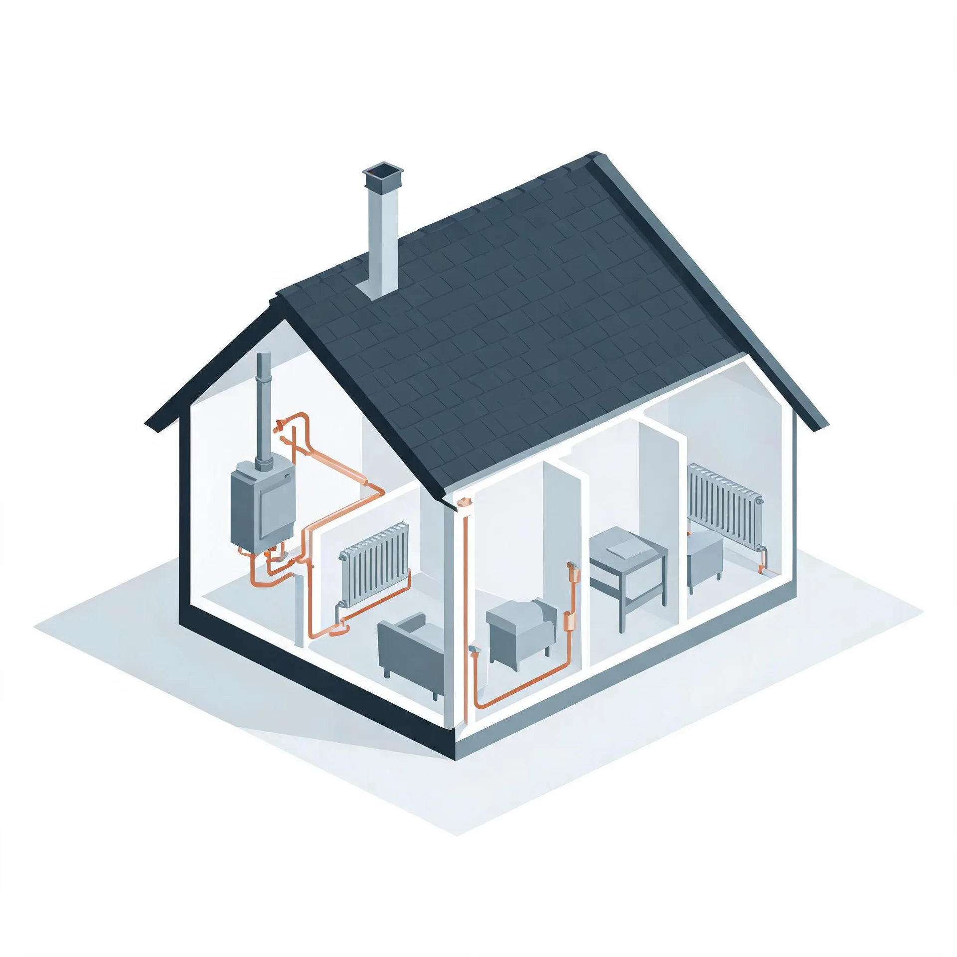Isometric cutaway illustration of a house with a dark shingled roof and chimney, showing a wall-mounted boiler connected by orange pipes to radiators in several rooms with simple furniture.