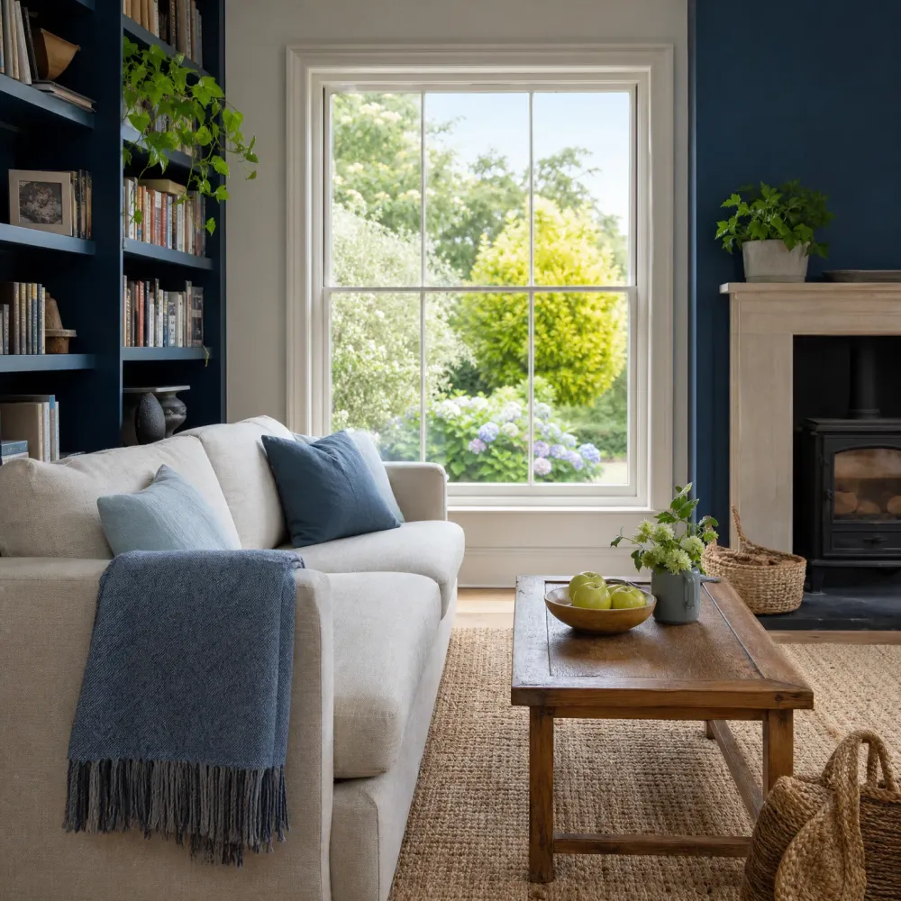 A living room with a cream sofa with blue cushions and a grey throw, a wooden coffee table holding a bowl of green apples and a jug of flowers, a jute rug, navy built-in bookshelves, a stone fireplace with a wood stove, and a white sash window looking onto a garden.