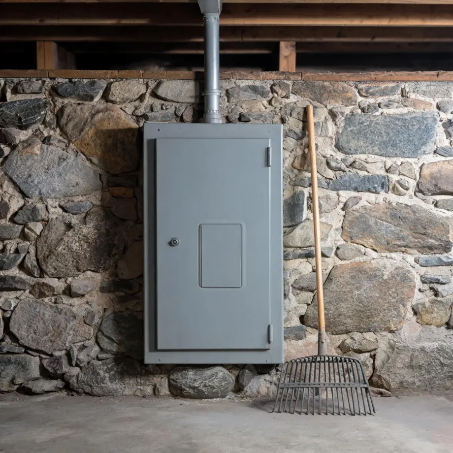 A gray metal electrical panel box with a closed door mounted on a stone foundation wall in a basement, with a metal conduit running up to wooden floor joists and a rake leaning against the wall to the right on a concrete floor.