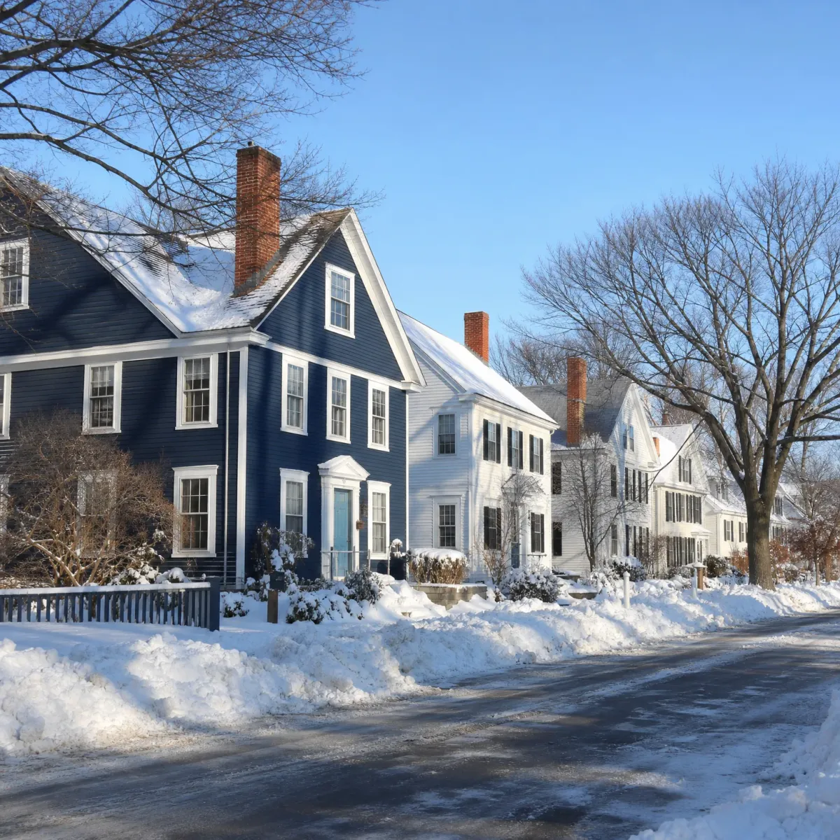 A snowy residential street lined with clapboard houses, including a dark navy house with brick chimneys, under a clear blue sky with bare trees.