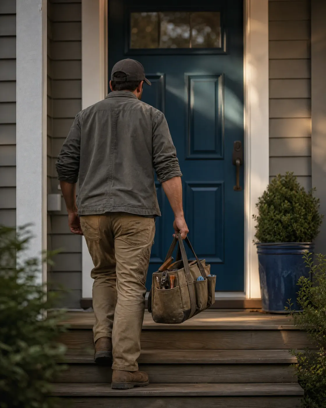 A man in a cap, work jacket and tan trousers carries a canvas tool bag up wooden porch steps toward a blue front door of a house with lap siding.