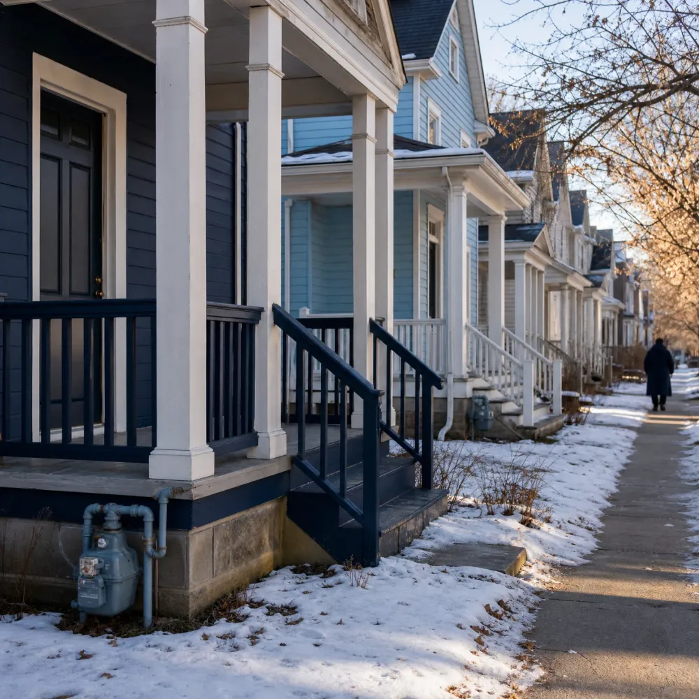 A row of wood-sided houses with covered front porches and painted railings along a snowy sidewalk, with a gas meter at the near house and a person in a dark coat walking in the distance under bare trees.