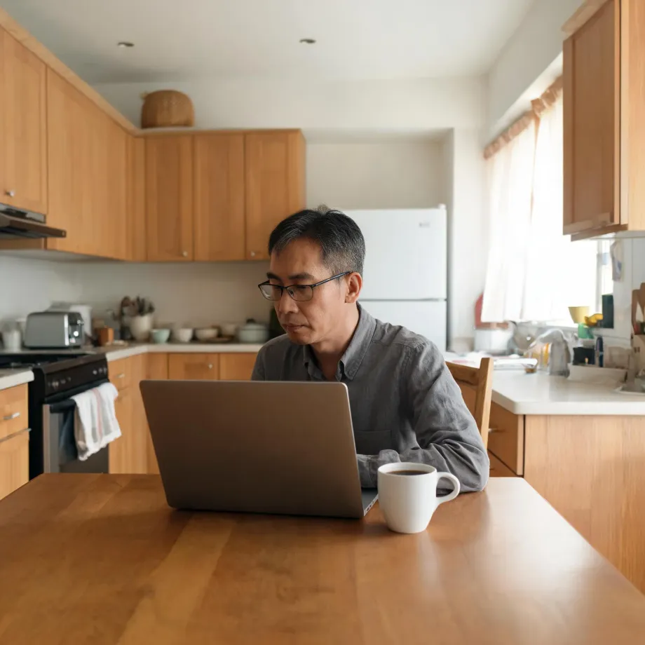 A man with glasses in a grey shirt sits at a wooden kitchen table using a laptop, with a white mug of coffee beside him and wood cabinets, a stove, and a refrigerator behind.