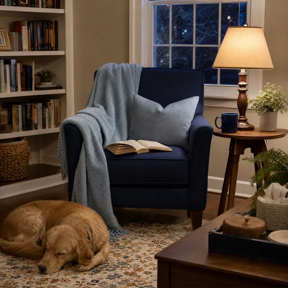 A navy armchair with a light blue throw and cushion holds an open book, beside a lit table lamp, mug and potted plant on a wooden side table, with a golden-coated dog sleeping on a patterned rug and bookshelves at left.