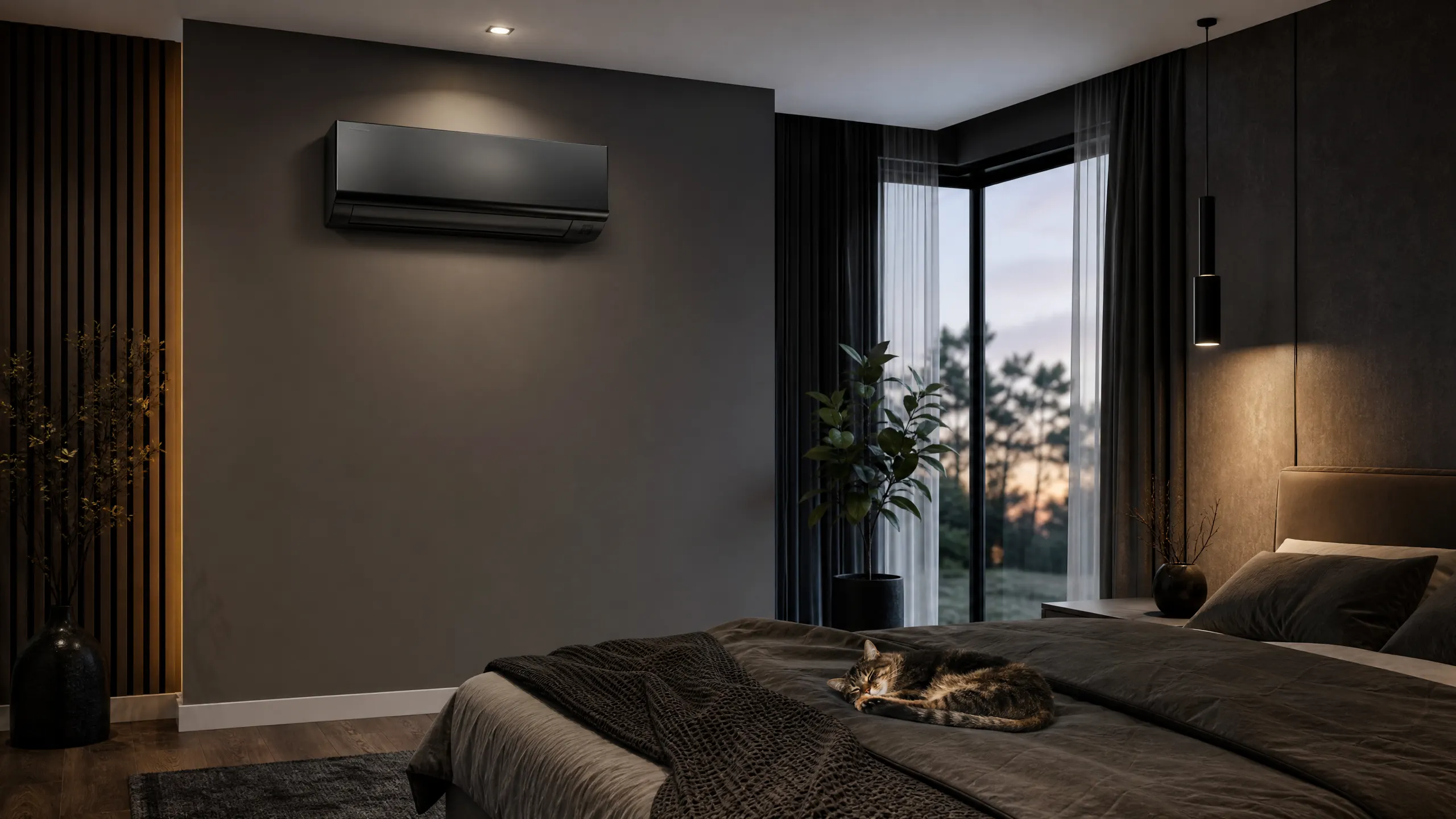 A tabby cat rests on a made bed in a dark modern bedroom equipped with a wall-mounted split air conditioner.