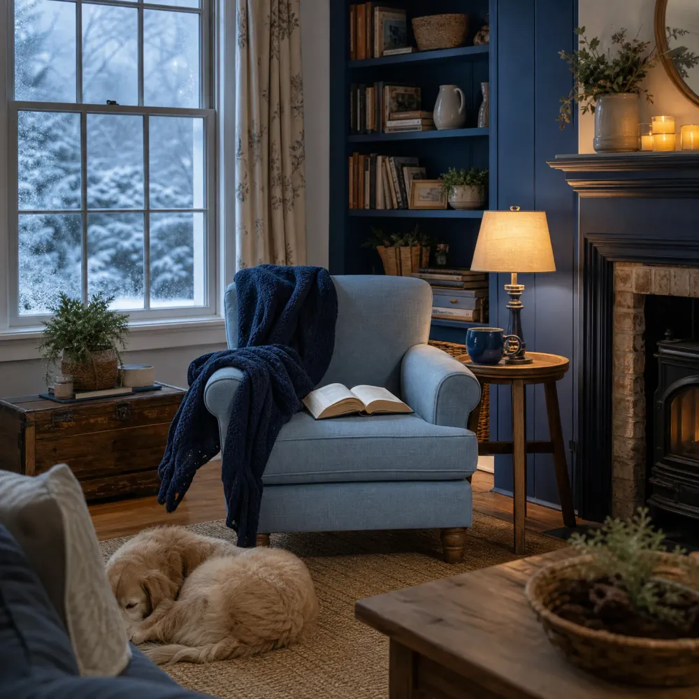 A dimly lit living room with a light blue armchair holding an open book and a navy knit throw, beside a lit table lamp, a navy built-in bookshelf, a fireplace with candles on the mantel, a snow-covered view through a window, and a light-colored dog curled asleep on a woven rug.