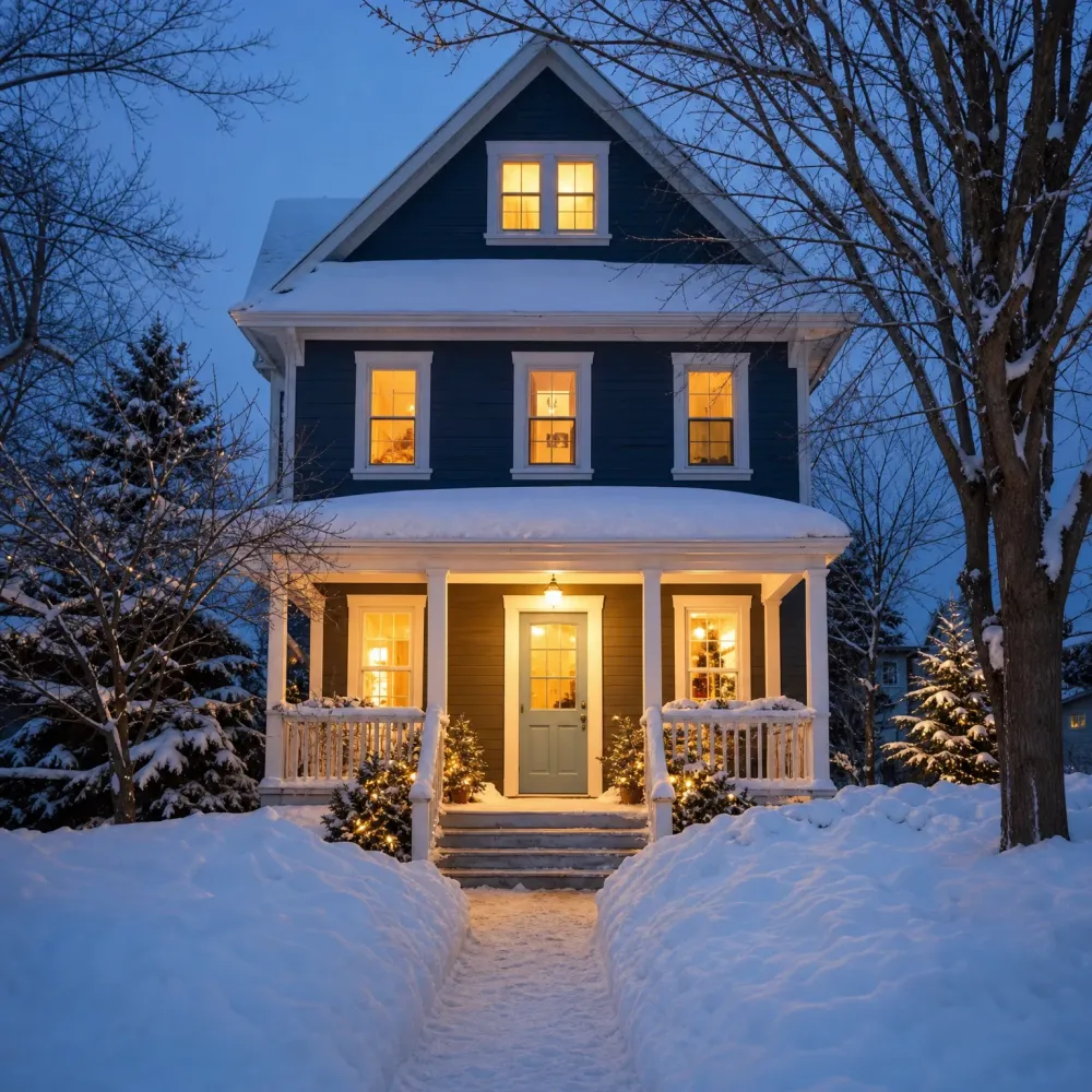 A two-story dark blue clapboard house with a white covered porch and lit windows at dusk, surrounded by deep snow, bare trees and small lit evergreens.