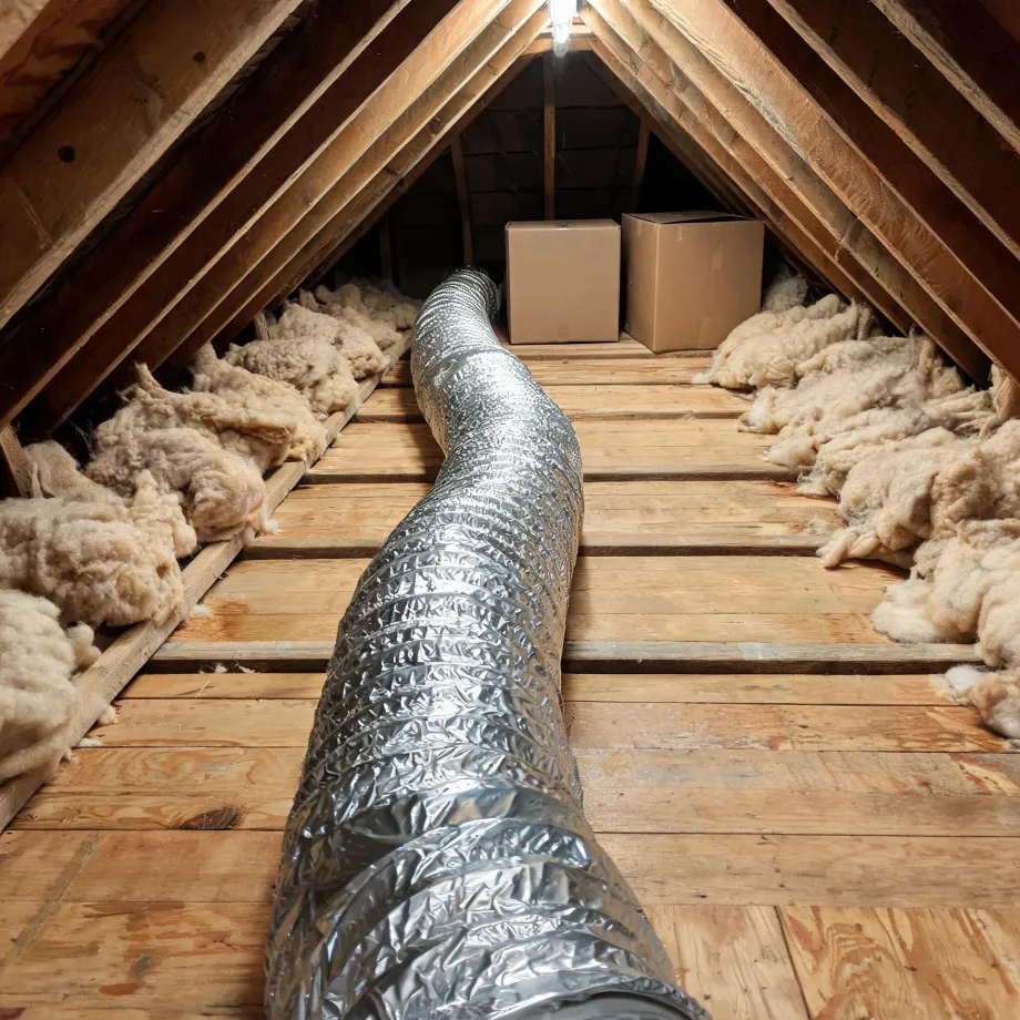 An attic interior with a flexible foil duct running along a plywood floor between wooden rafters, with loose fiberglass insulation at the eaves and two cardboard boxes at the far end.
