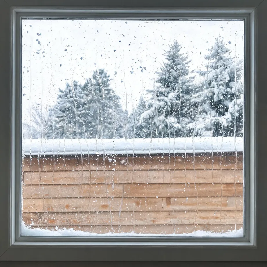 View through a wet, snow-flecked window with water streaks running down the glass, showing snow-covered evergreen trees above a wooden board fence topped with snow.