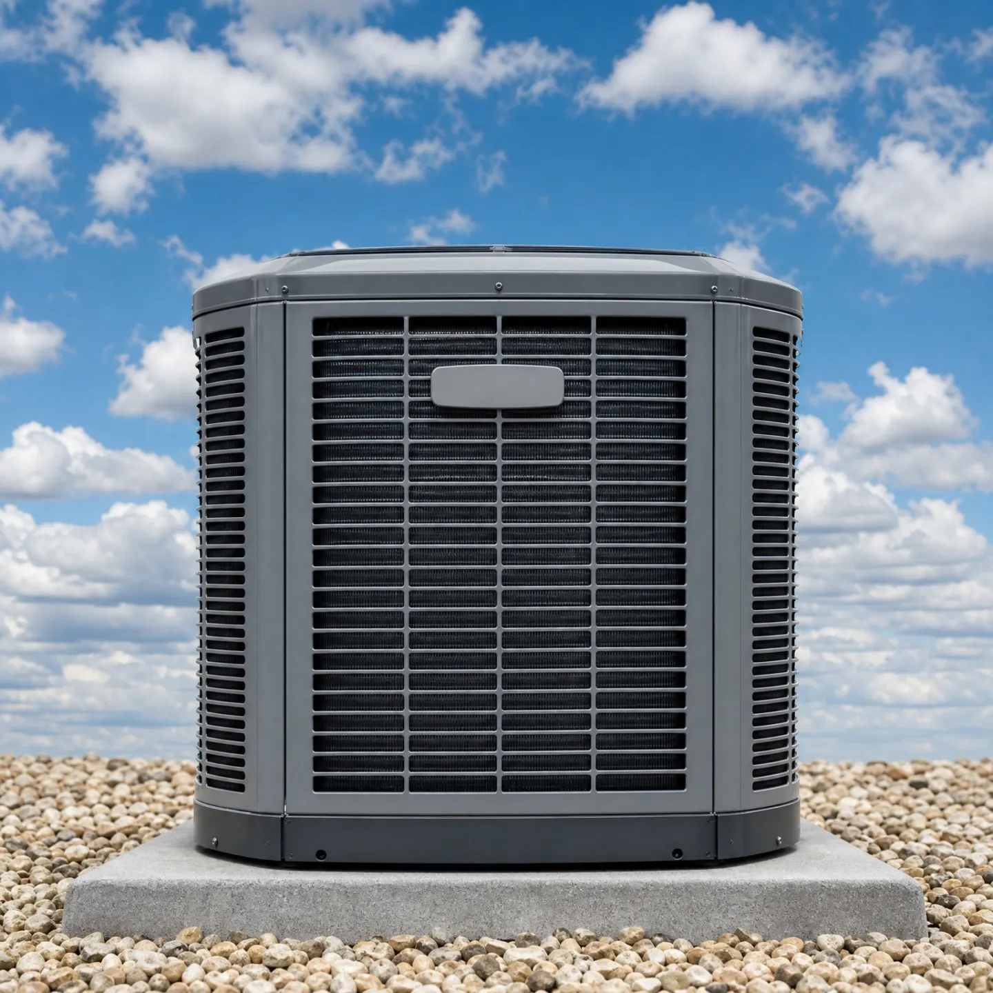 An outdoor air conditioning condenser unit mounted on a concrete pad surrounded by gravel, photographed against a partly cloudy blue sky.